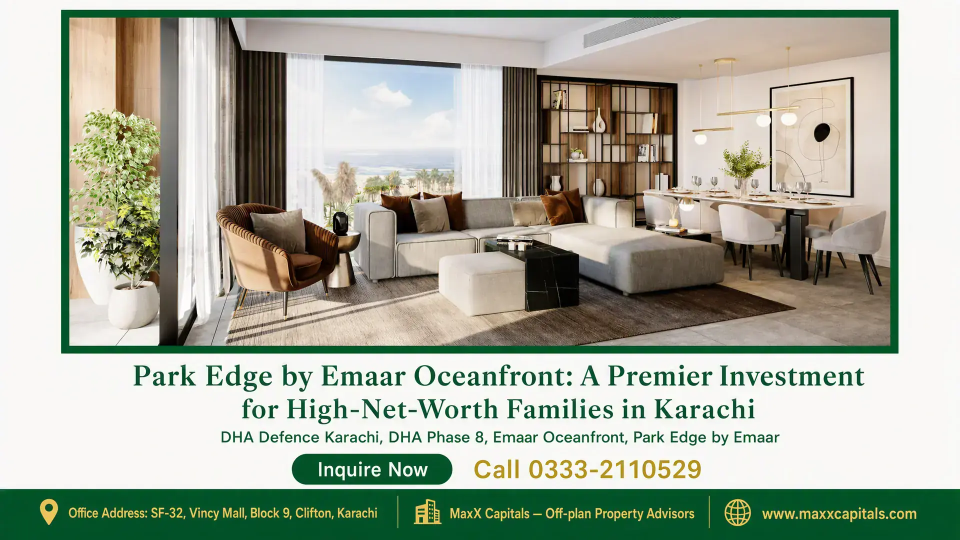 Park Edge by Emaar Oceanfront: A Premier Investment for High-Net-Worth Families in Karachi Spacious modern living and dining area at Park Edge by Emaar featuring floor-to-ceiling windows, plush furniture, and ocean v