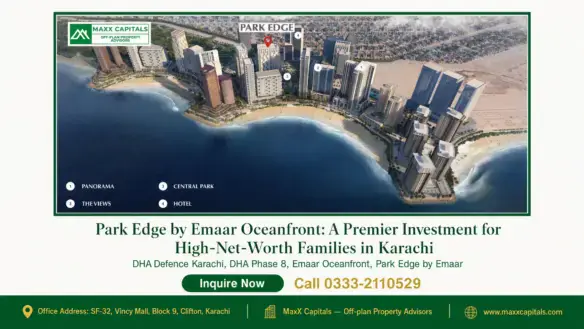Aerial view of Park Edge by Emaar Oceanfront featuring beachfront high-rises, landscaped green spaces, and surrounding urban