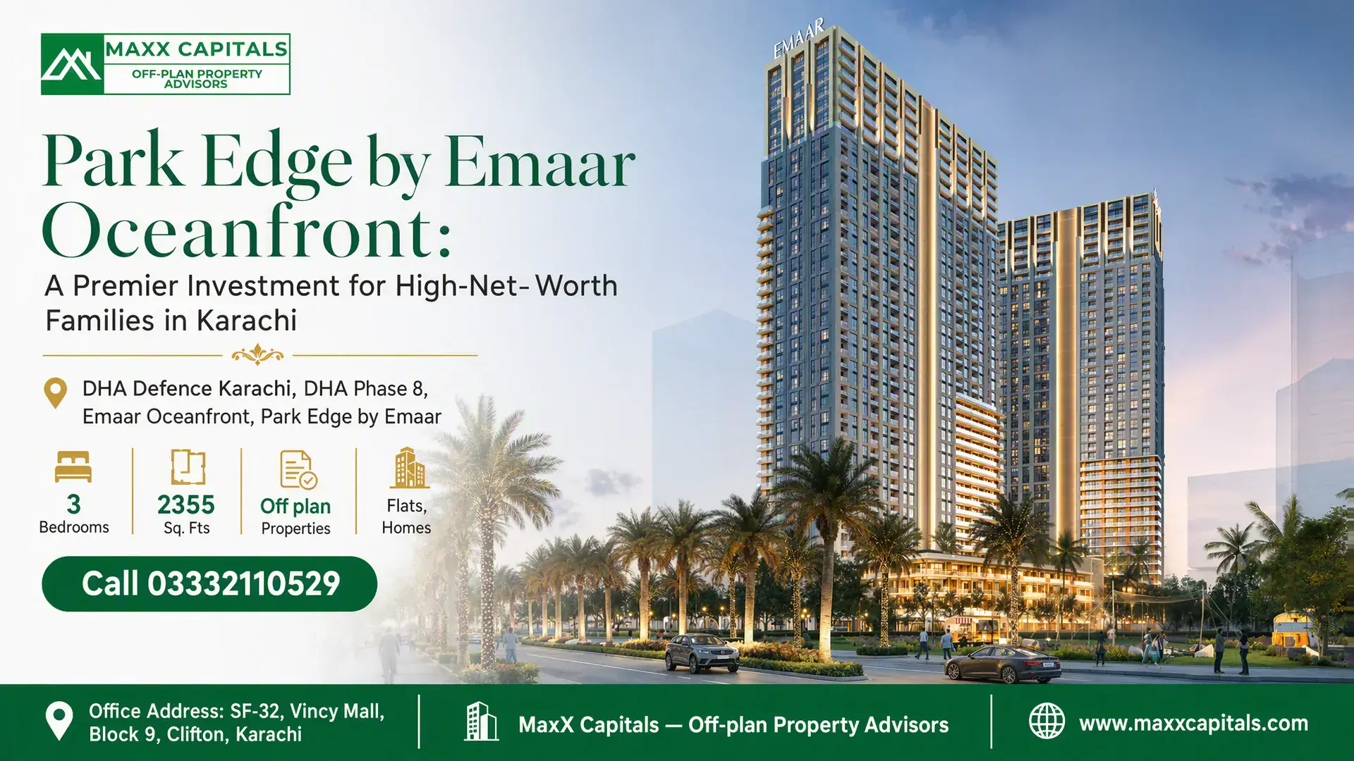 Park Edge by Emaar Oceanfront: A Premier Investment for High-Net-Worth Families in Karachi Modern high-rise residential towers at Park Edge by Emaar Oceanfront in Karachi, surrounded by palm trees and luxury amenitie
