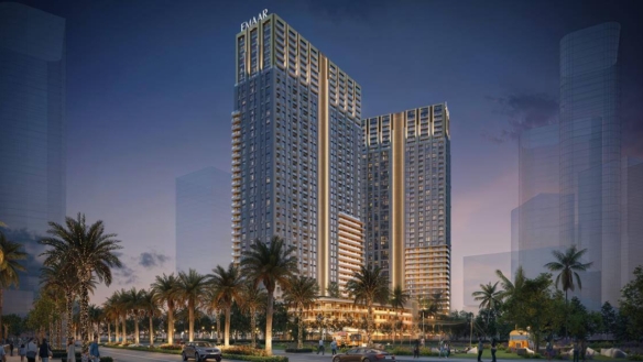 Park Edge By Emaar Oceanfront High-Rise Towers At Twilight In Karachi, With Palm Trees And Waterfront Boulevard