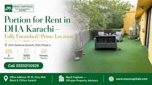Elegantly Designed Outdoor Terrace With Greenery, Wicker Furniture, And Potted Plants In A Portion For Rent In Dha Karachi.