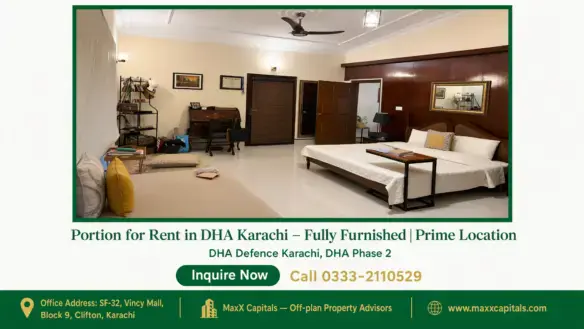 Spacious furnished bedroom in DHA Karachi with wooden accents, modern furniture, and a cozy ambiance.