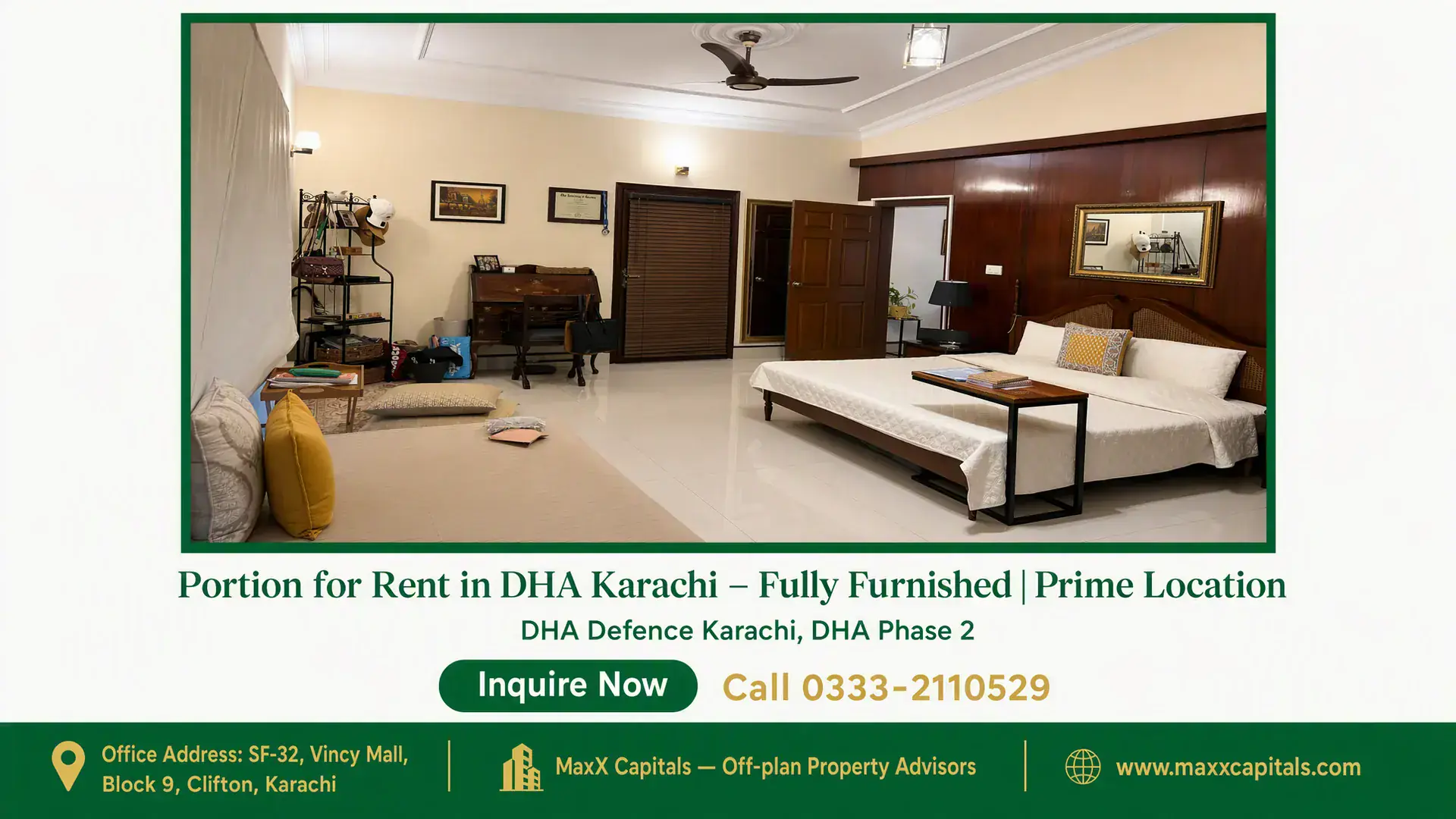 Portion for Rent in DHA Karachi – Fully Furnished | Prime Location Spacious furnished bedroom in DHA Karachi with wooden accents, modern furniture, and a cozy ambiance.