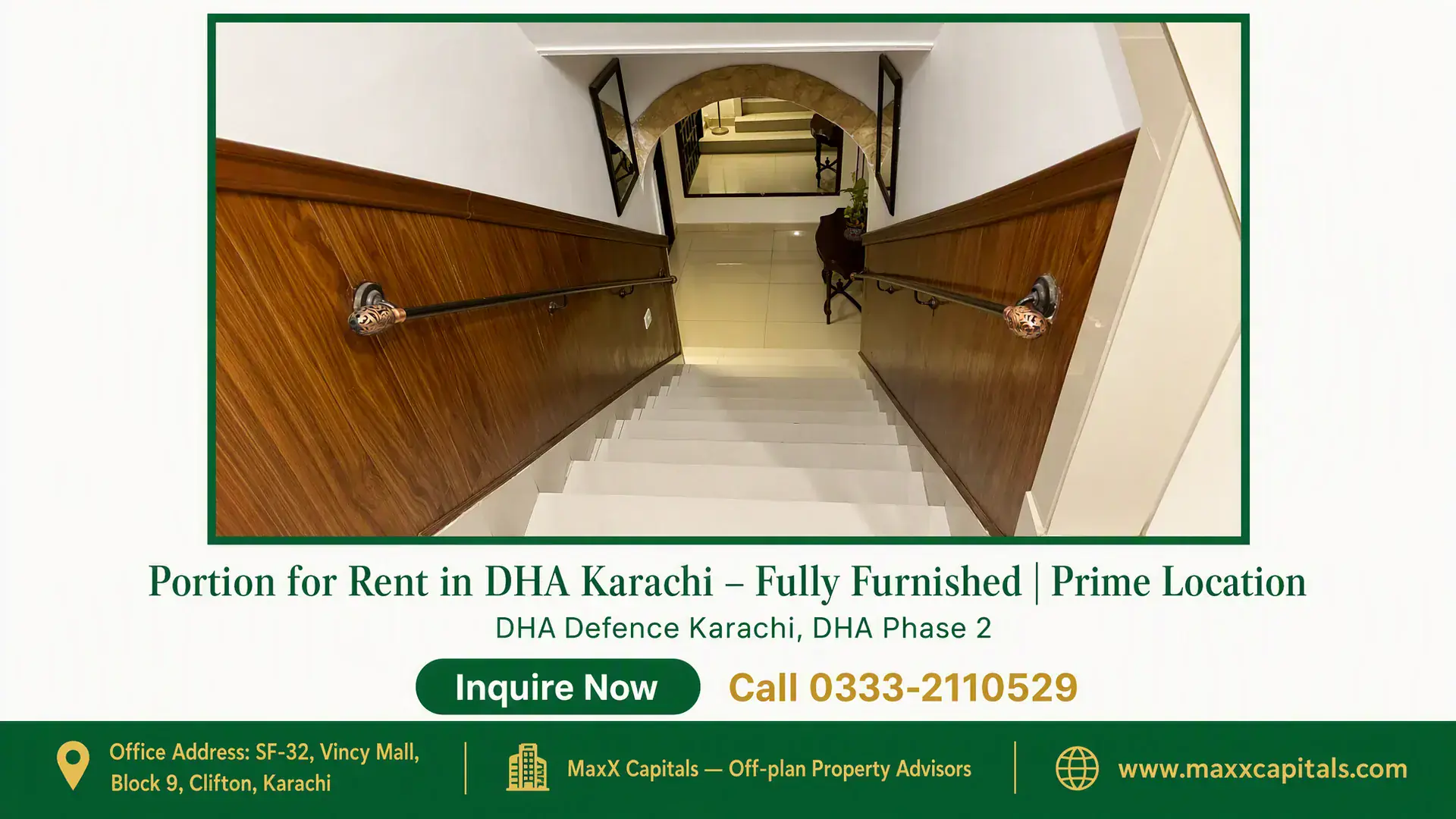Portion for Rent in DHA Karachi – Fully Furnished | Prime Location A staircase in a portion for rent in DHA Karachi with wooden paneling, metallic handrails, and a decorative archway leading t