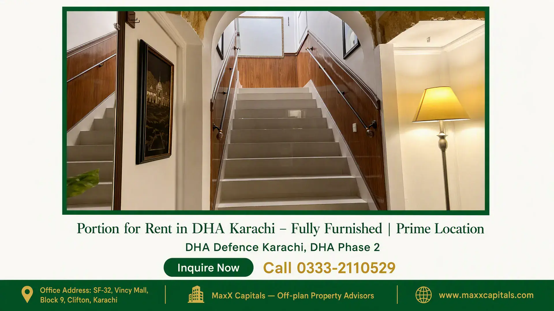 Portion for Rent in DHA Karachi – Fully Furnished | Prime Location Elegant staircase in a fully furnished portion for rent in DHA Karachi, featuring wooden paneling and modern lighting.