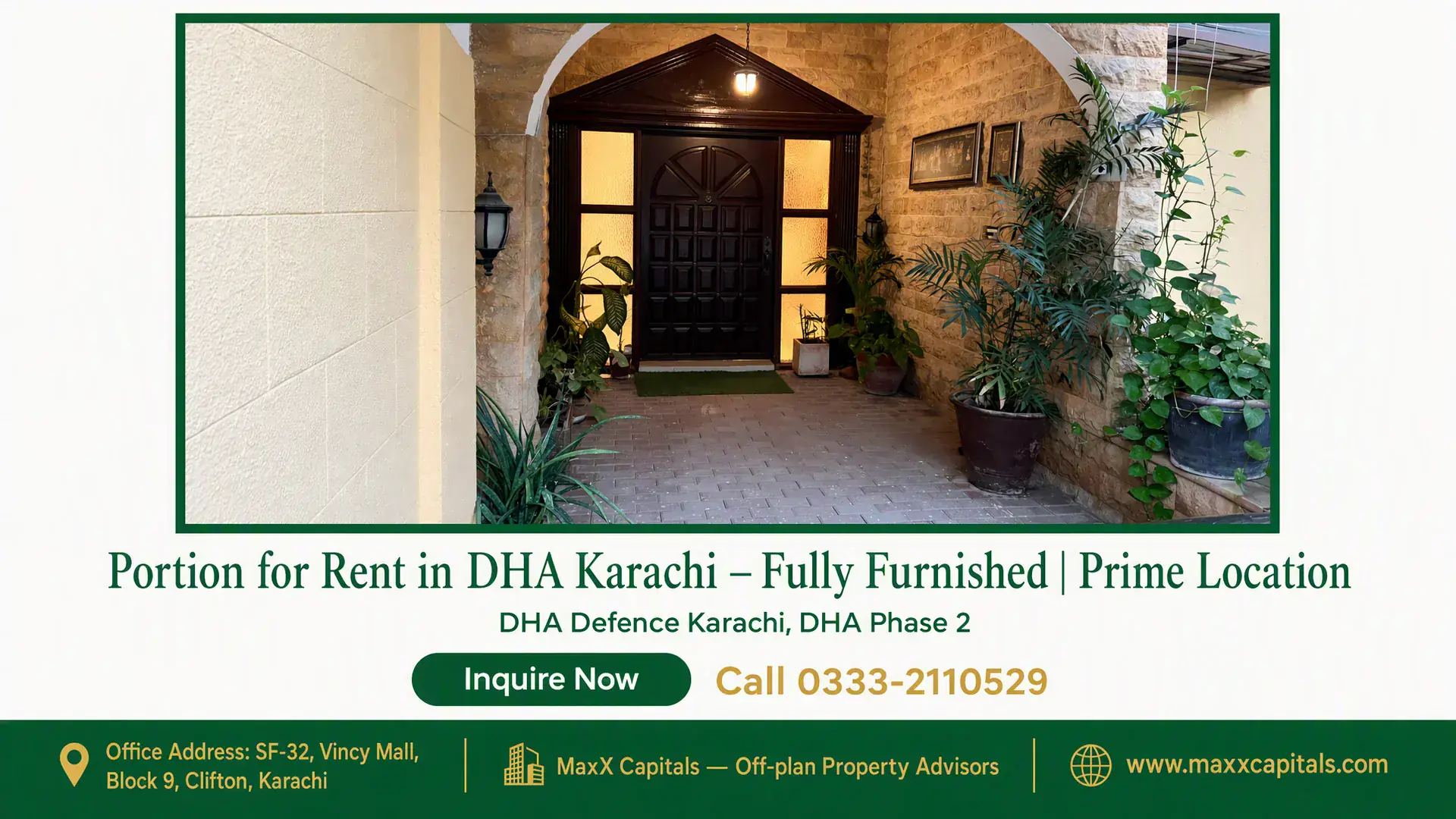 Portion for Rent in DHA Karachi – Fully Furnished | Prime Location Elegant entrance of a fully furnished portion for rent in DHA Karachi with arched brick walls and potted plants.