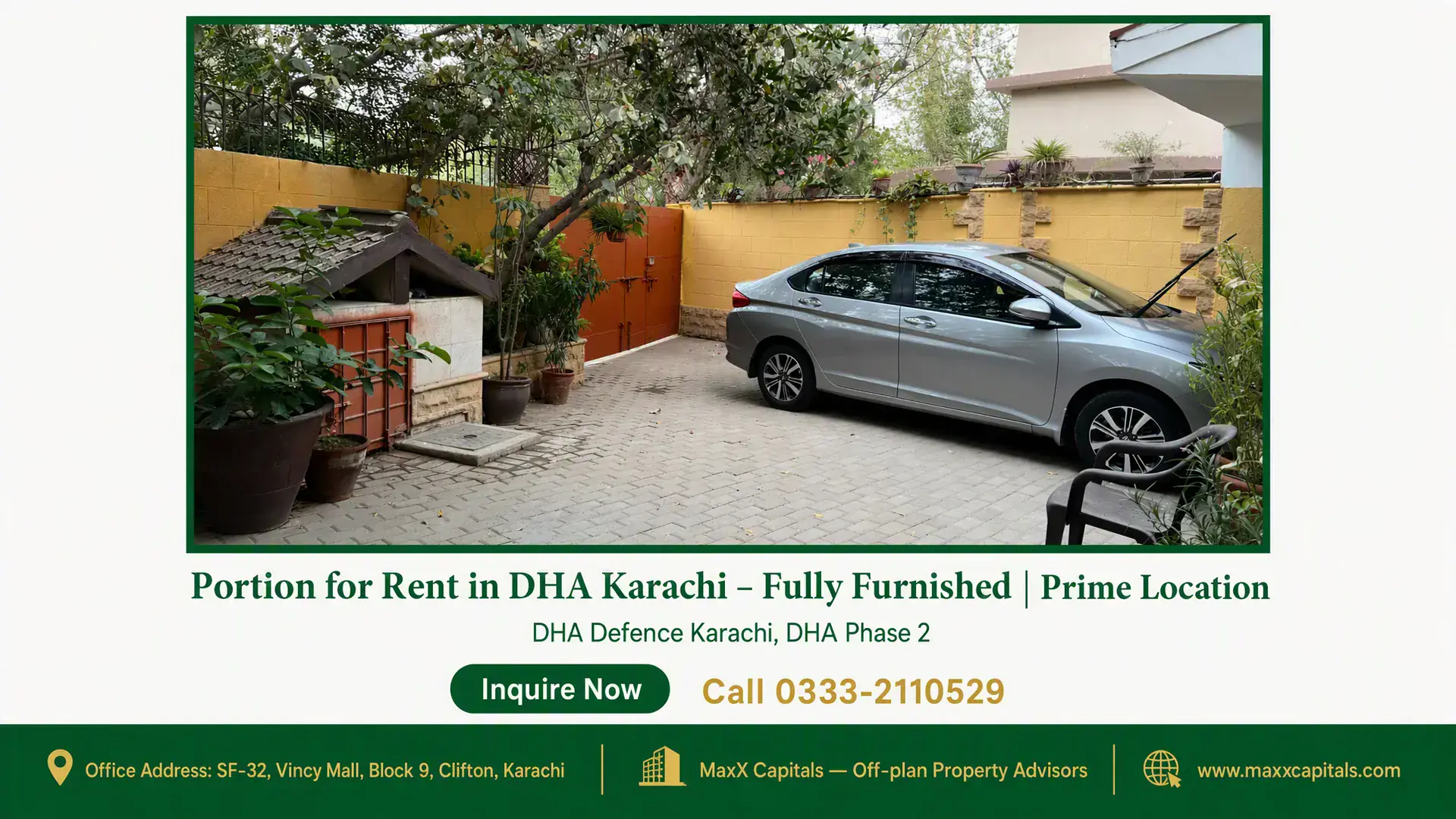 Portion for Rent in DHA Karachi – Fully Furnished | Prime Location Spacious driveway with a silver car, potted plants, and a well-maintained boundary wall in a portion for rent in DHA Karachi.