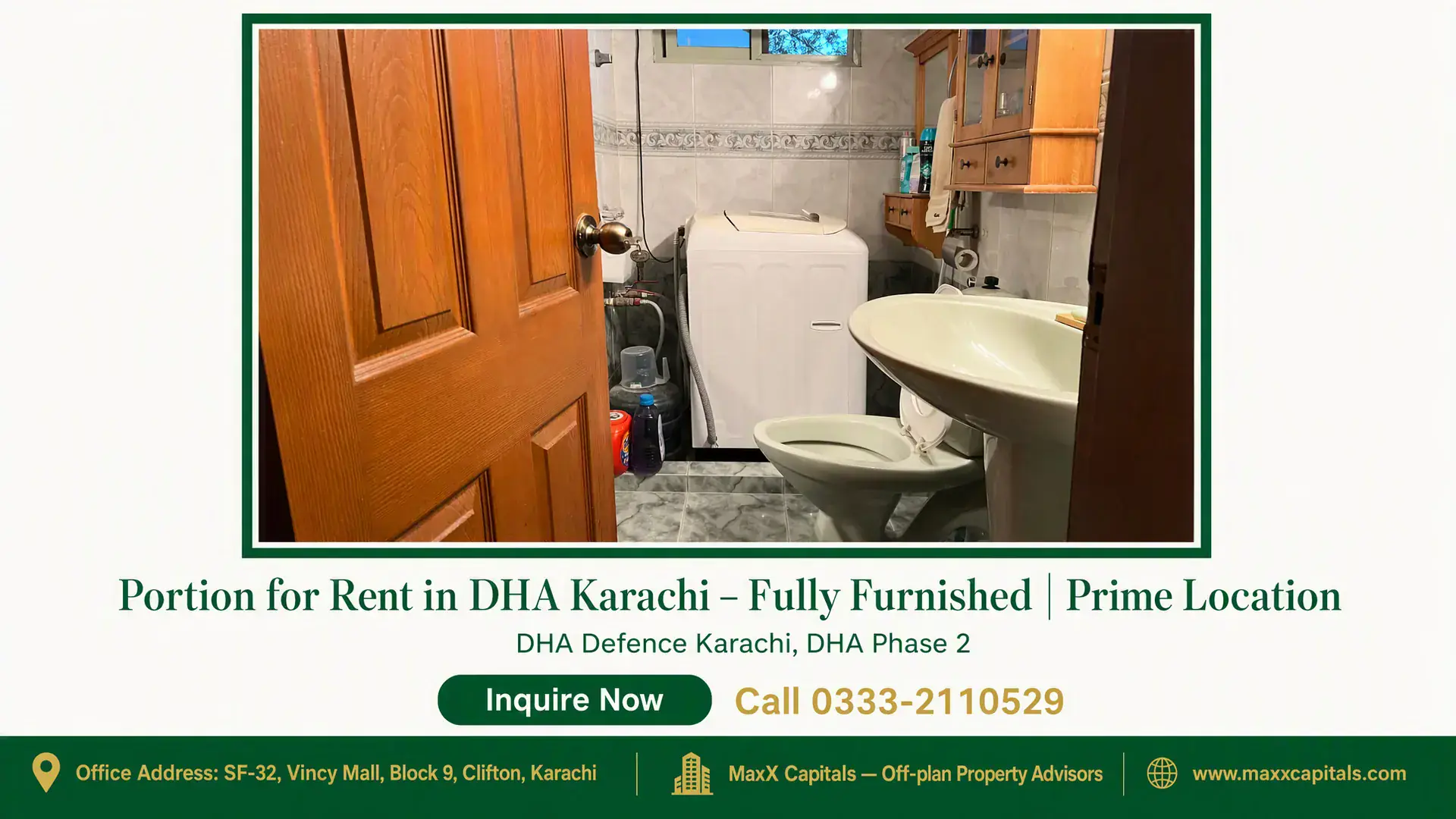 Portion for Rent in DHA Karachi – Fully Furnished | Prime Location Fully furnished bathroom in a portion for rent in DHA Karachi with tiled walls, washing machine, and wooden cabinetry.