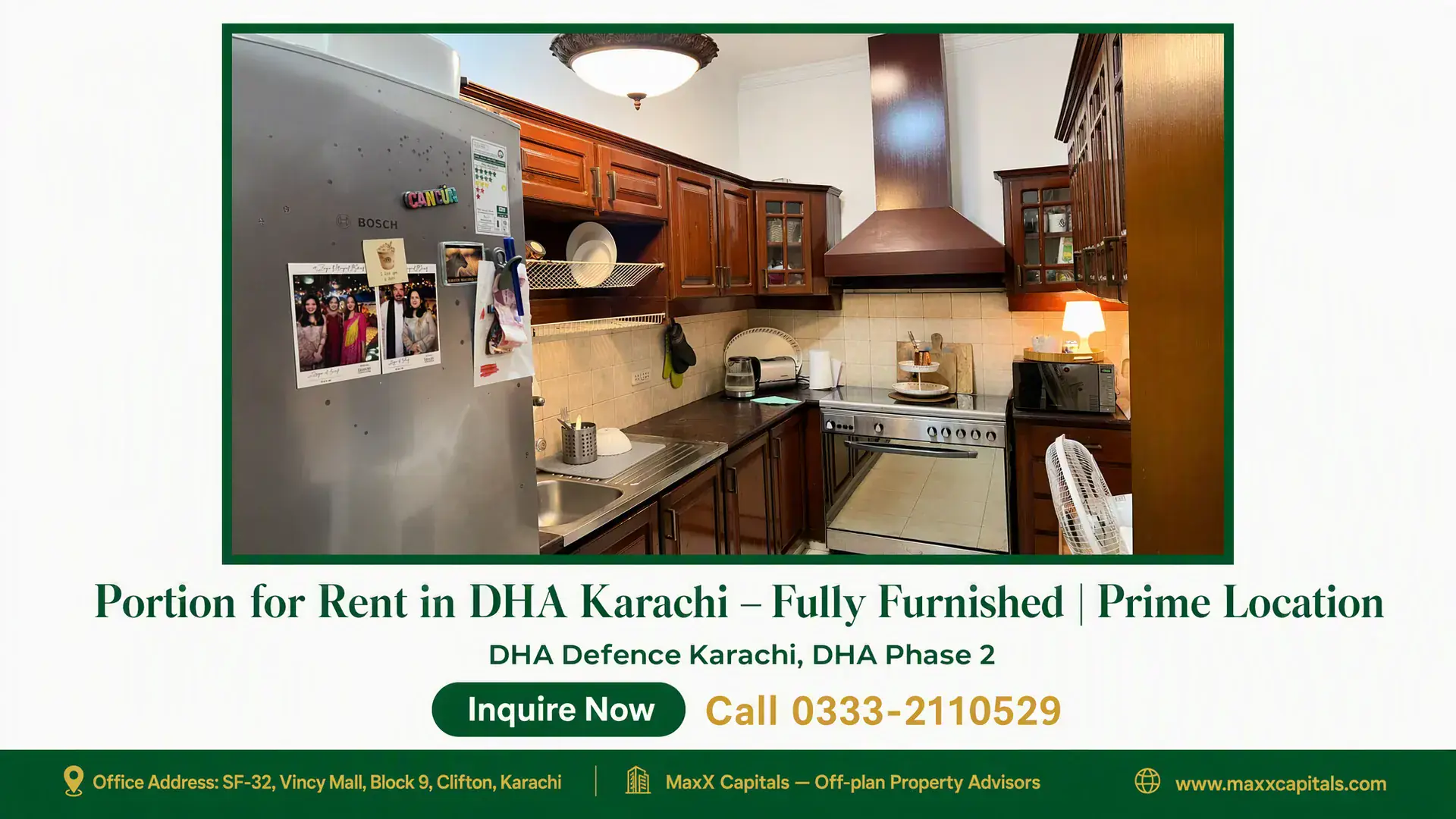 Portion for Rent in DHA Karachi – Fully Furnished | Prime Location Fully furnished kitchen with wooden cabinetry, modern appliances, and tiled backsplash in a portion for rent in DHA Karachi.