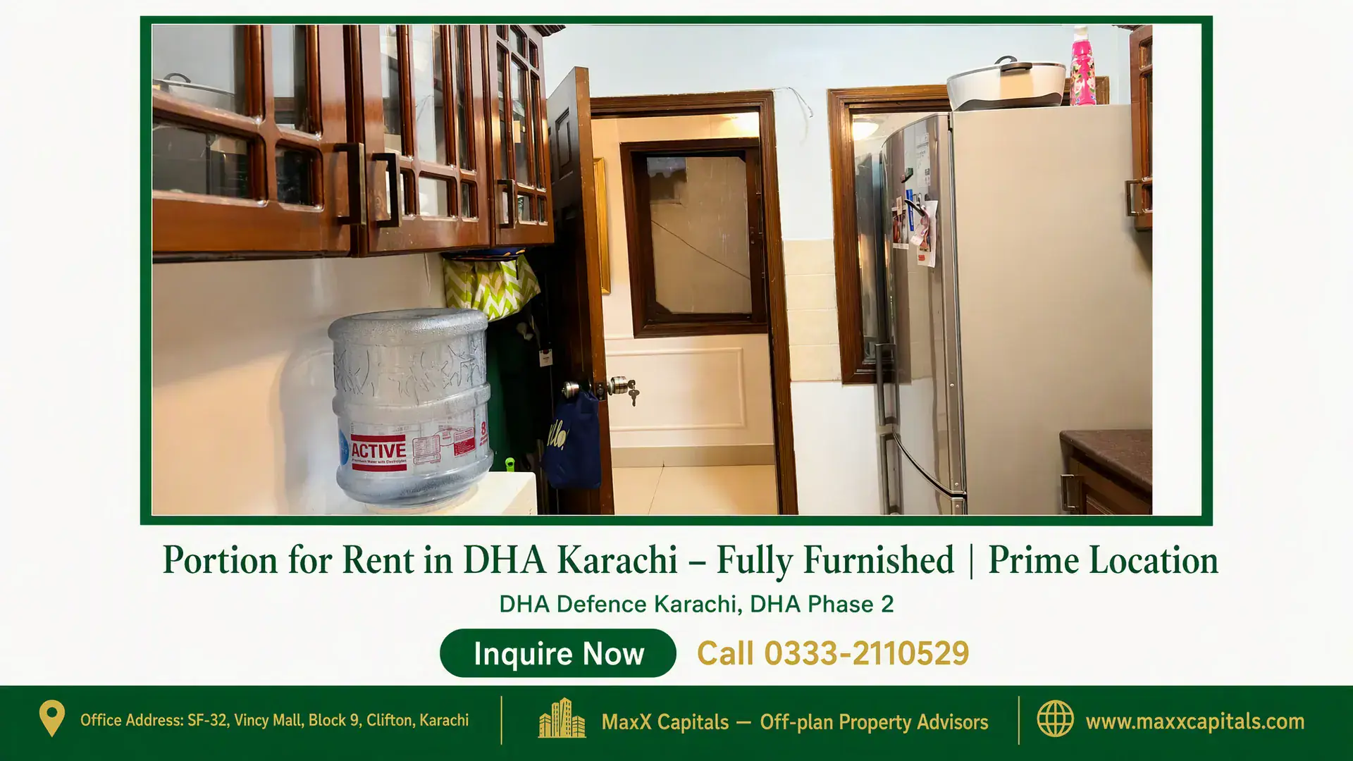 Portion for Rent in DHA Karachi – Fully Furnished | Prime Location Fully furnished kitchen in a portion for rent in DHA Karachi, featuring wooden cabinets, a refrigerator, and a clean, modern