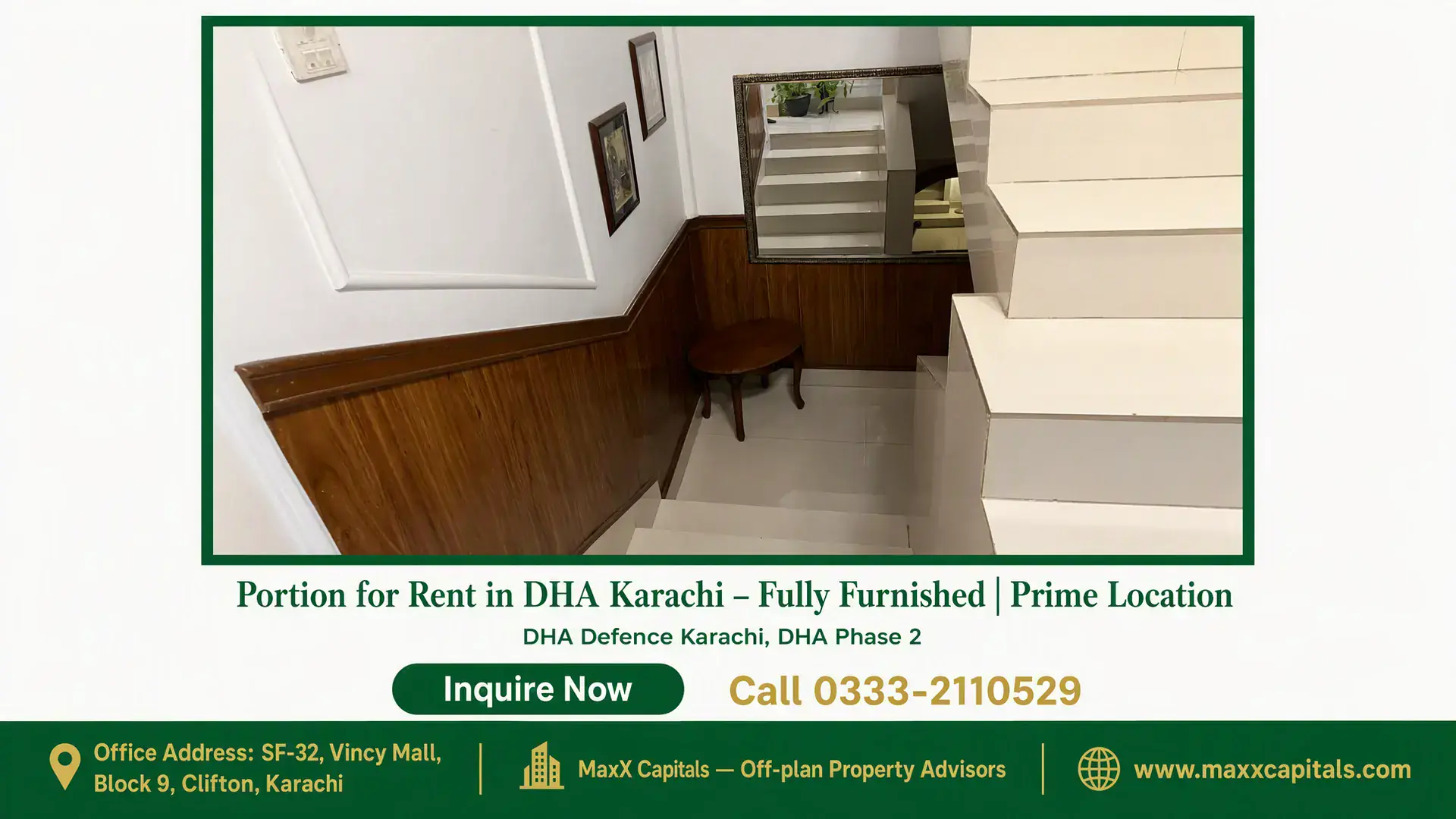Portion for Rent in DHA Karachi – Fully Furnished | Prime Location Elegant stairway in a portion for rent in DHA Karachi featuring polished wooden paneling, tiled steps, and a decorative mirro
