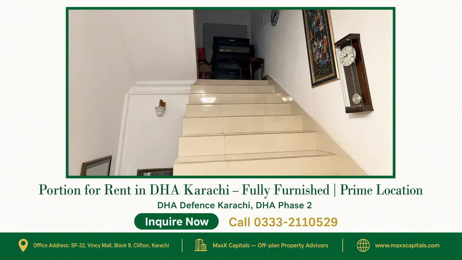 Portion for Rent in DHA Karachi – Fully Furnished | Prime Location Elegant tiled staircase with wall decor in a fully furnished portion for rent in DHA Karachi.