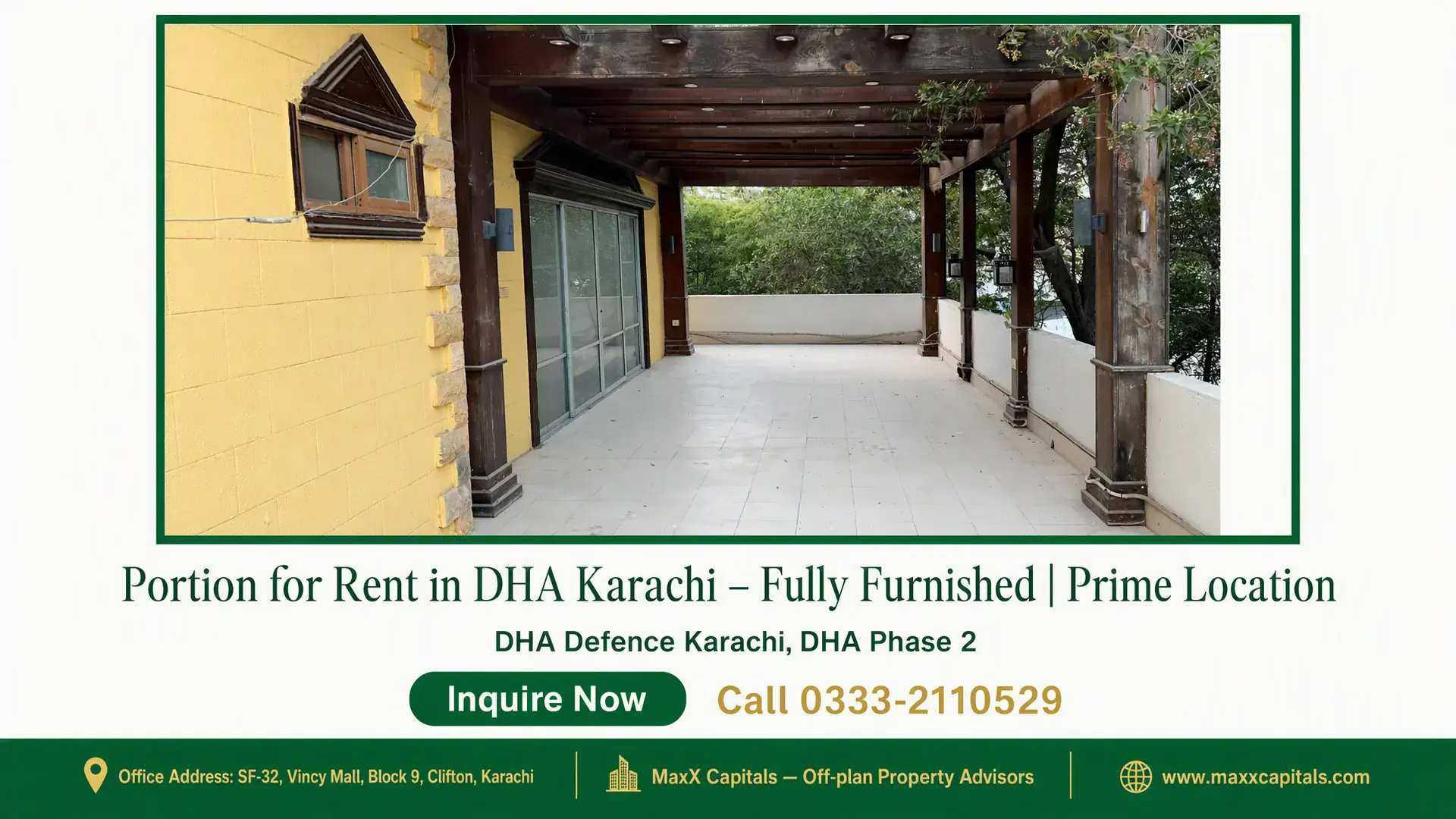 Portion for Rent in DHA Karachi – Fully Furnished | Prime Location Spacious covered terrace with wooden beams, tiled flooring, and sliding glass doors in a portion for rent in DHA Karachi.