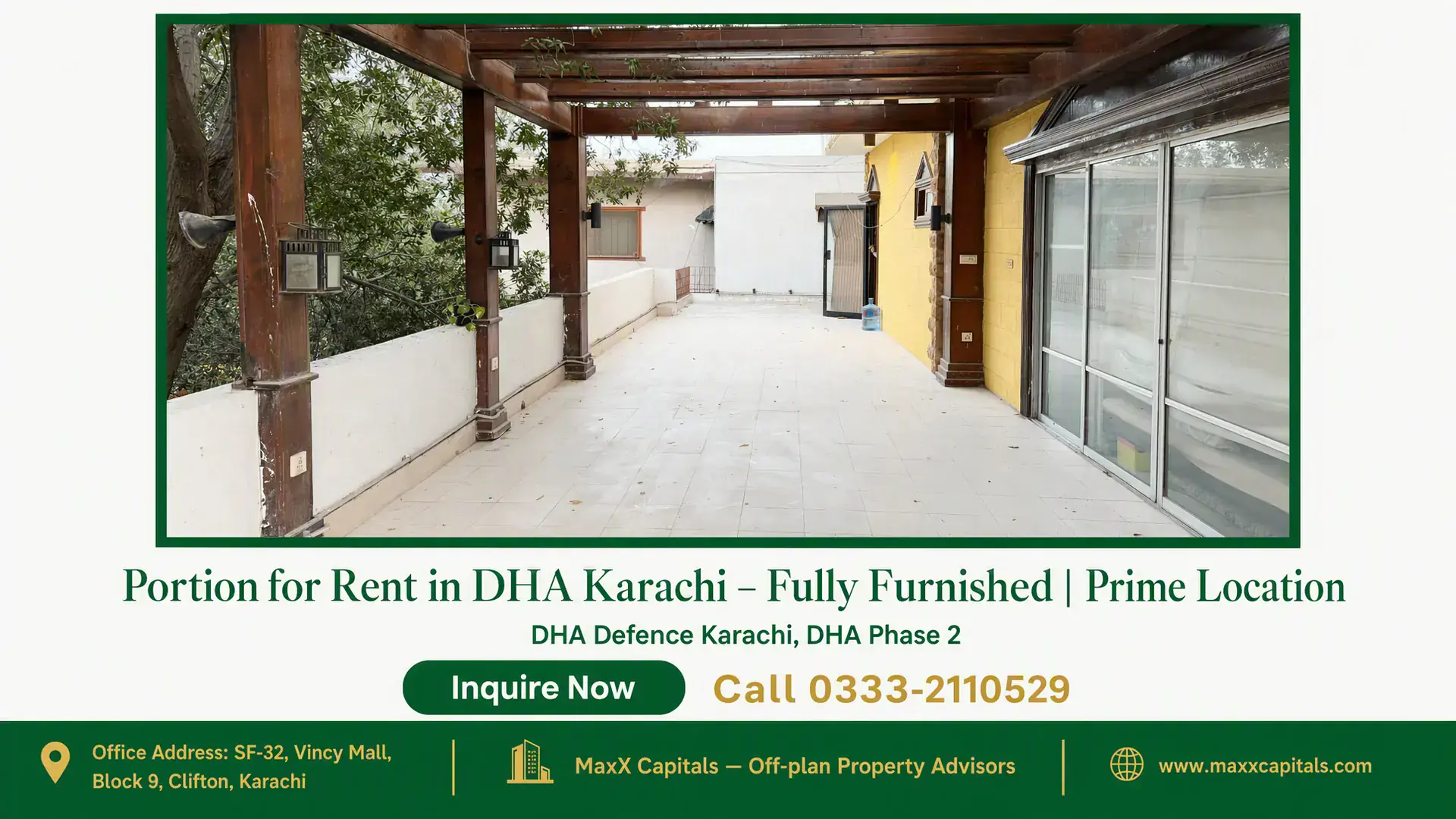 Portion for Rent in DHA Karachi – Fully Furnished | Prime Location Spacious tiled terrace with wooden pergola, glass sliding doors, and garden view in a portion for rent in DHA Karachi.