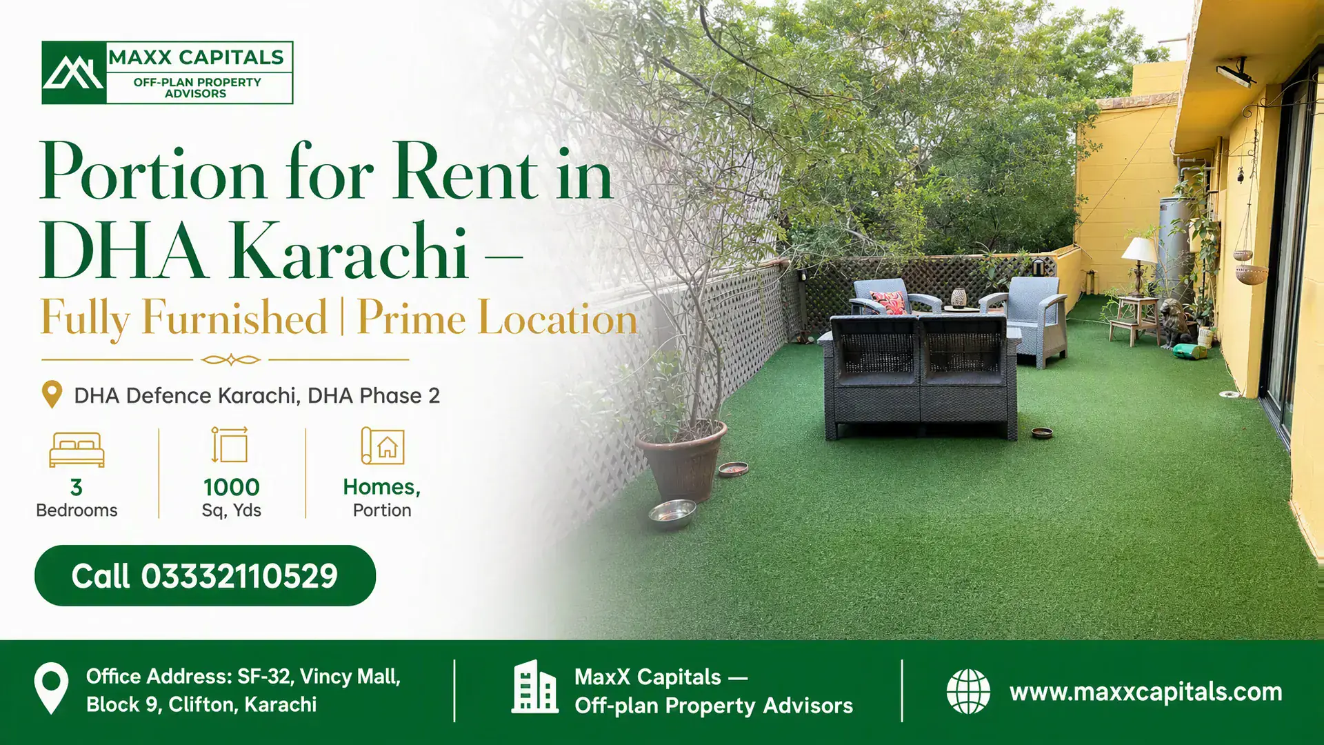 Portion for Rent in DHA Karachi – Fully Furnished | Prime Location Elegantly designed outdoor terrace with greenery, wicker furniture, and potted plants in a portion for rent in DHA Karachi.