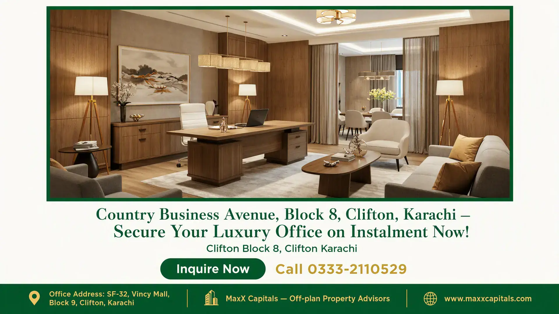 Country Business Avenue, Block 8, Clifton, Karachi — Secure Your Luxury Office on Instalment Now! Elegant office space with wooden furniture, modern lighting, cozy seating, and a separate meeting area in Country Business Av