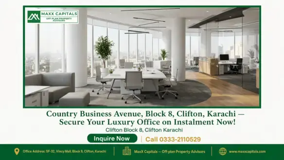 Premium office space at Country Business Avenue, Block 8, Clifton, Karachi including modern workstations, glass partitions, a