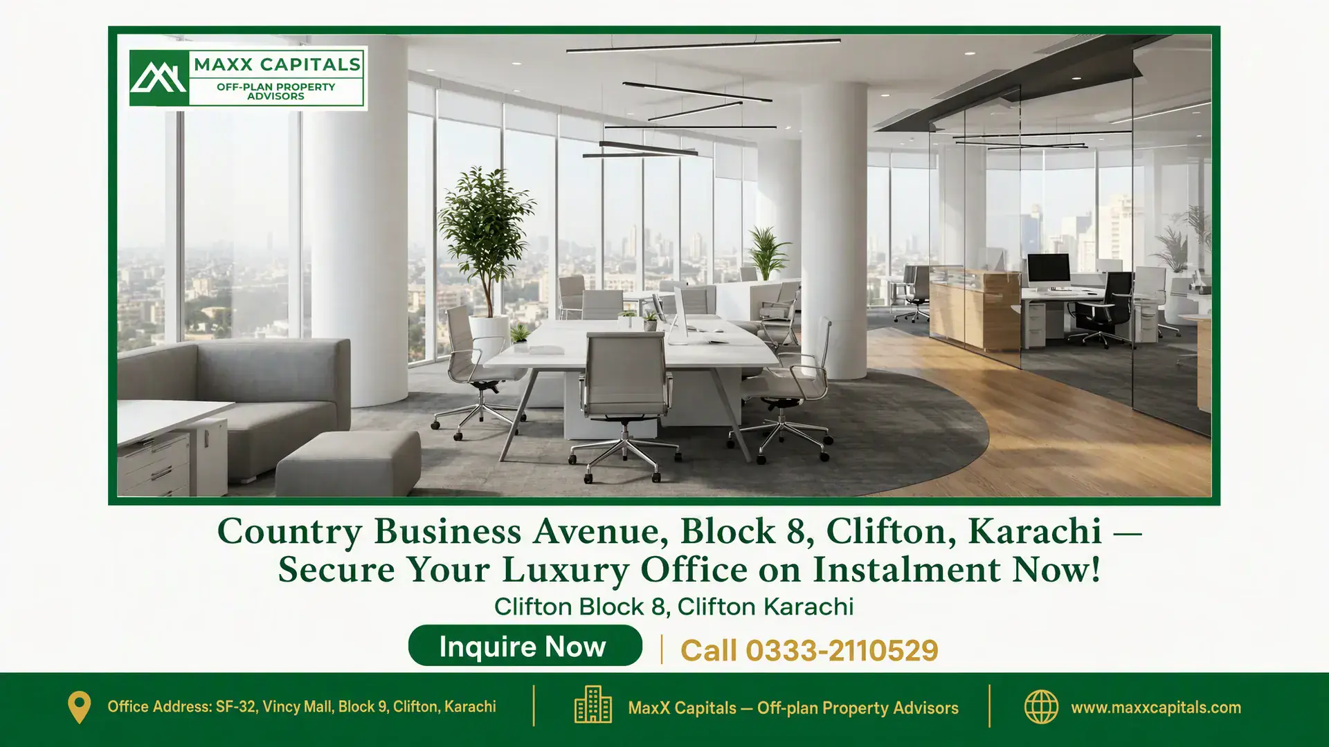 Country Business Avenue, Block 8, Clifton, Karachi — Secure Your Luxury Office on Instalment Now! Premium office space at Country Business Avenue, Block 8, Clifton, Karachi including modern workstations, glass partitions, a