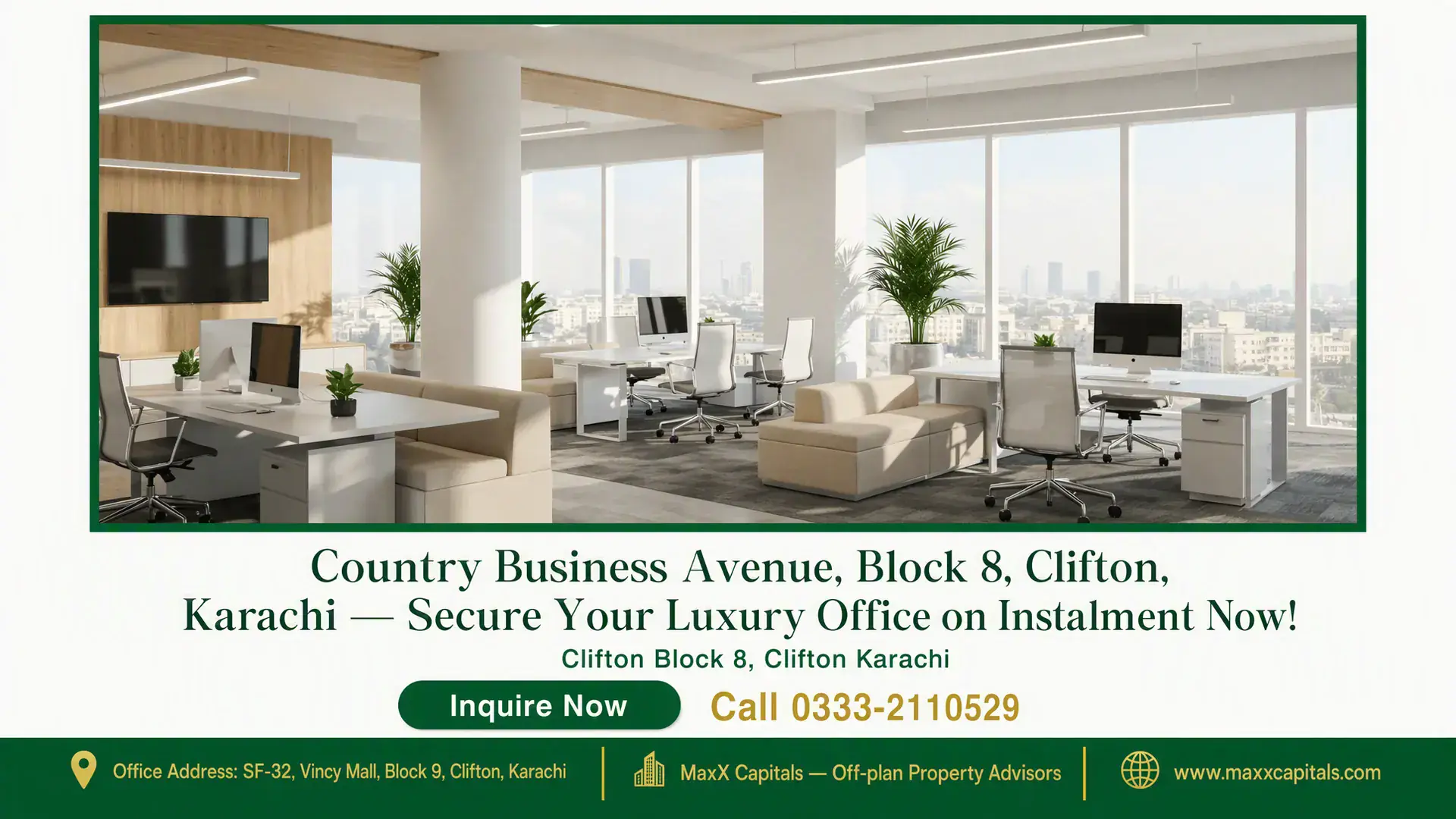 Country Business Avenue, Block 8, Clifton, Karachi — Secure Your Luxury Office on Instalment Now! Modern office space with sleek workstations, ergonomic chairs, and large windows overlooking Clifton, Karachi at Country Busi