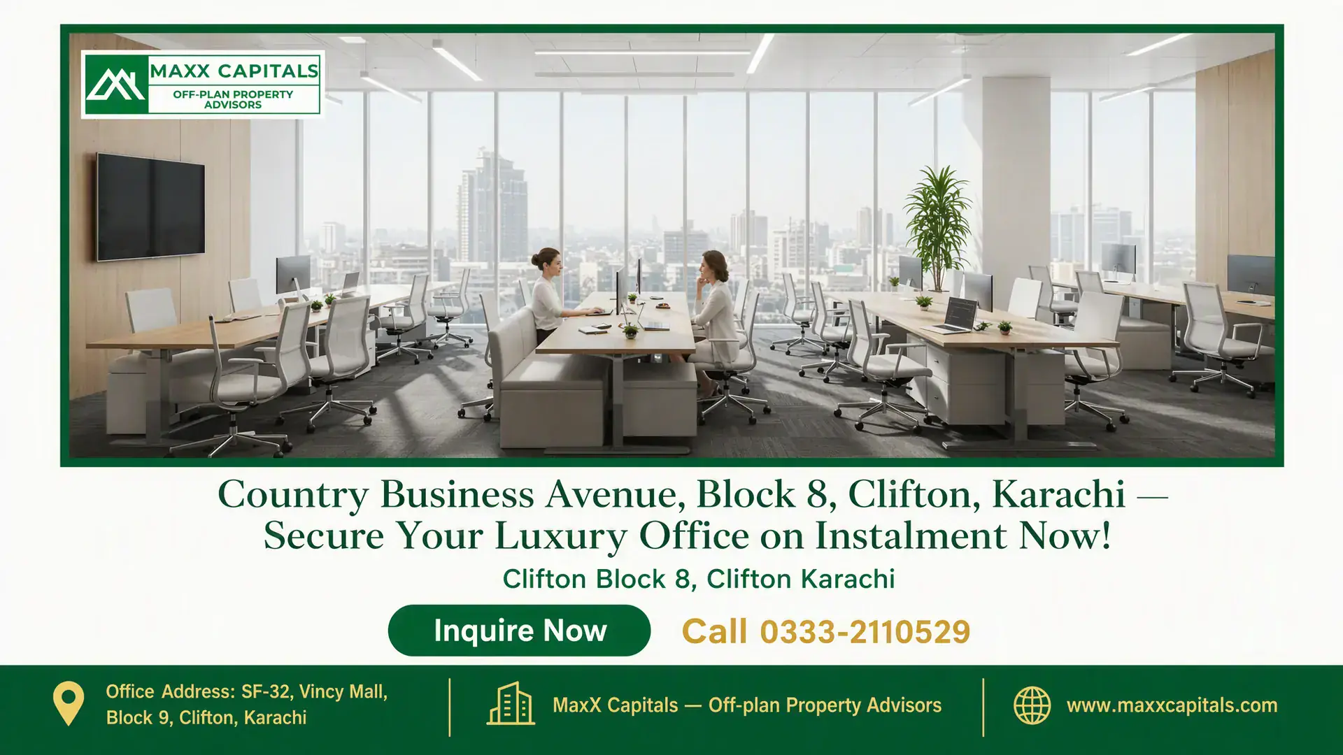 Country Business Avenue, Block 8, Clifton, Karachi — Secure Your Luxury Office on Instalment Now! Modern open-plan office with ergonomic chairs, spacious desks, floor-to-ceiling windows, and panoramic city views at Country