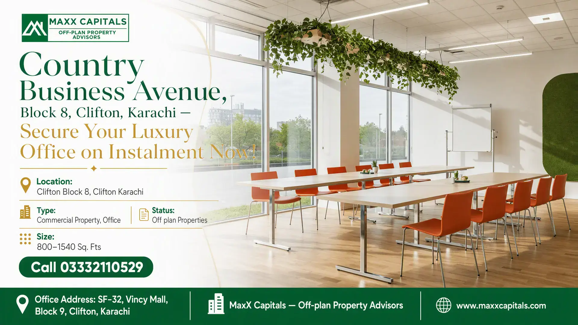 Country Business Avenue, Block 8, Clifton, Karachi — Secure Your Luxury Office on Instalment Now! Modern office space in Country Business Avenue, Block 8, Clifton, Karachi with floor-to-ceiling glass windows, wooden floorin