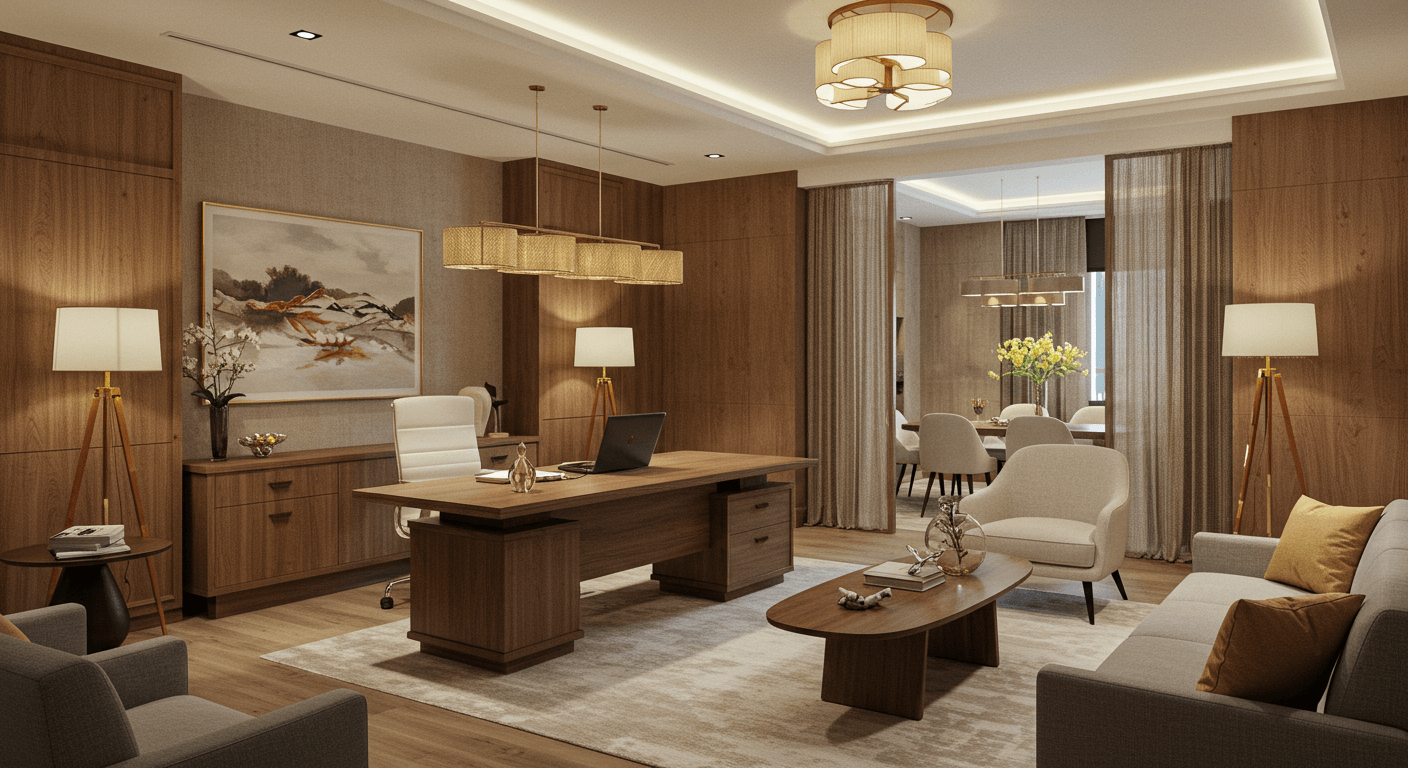 Country Business Avenue, Block 8, Clifton, Karachi — Secure Your Luxury Office on Instalment Now (1) Luxury office interior at Country Business Avenue, Block 8, Clifton, Karachi with wooden desk, executive chair, lounge sofa,