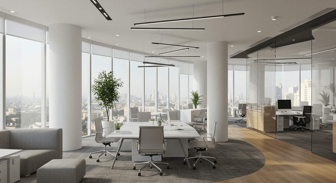 Country Business Avenue, Block 8, Clifton, Karachi — Secure Your Luxury Office on Instalment Now (4) Modern office interior at Country Business Avenue, Block 8, Clifton, Karachi with city skyline views, white conference table,