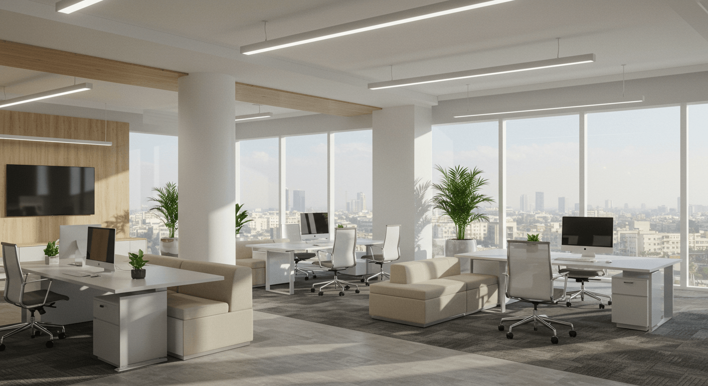 Country Business Avenue, Block 8, Clifton, Karachi — Secure Your Luxury Office on Instalment Now (6) Modern open-plan office interior at Country Business Avenue, Block 8, Clifton, Karachi, with desks, ergonomic chairs, sofas,
