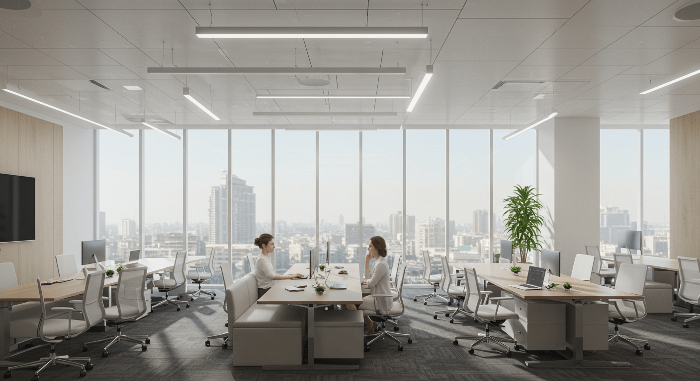 Country Business Avenue, Block 8, Clifton, Karachi — Secure Your Luxury Office on Instalment Now (7) Modern open-plan office at Country Business Avenue, Block 8, Clifton, Karachi with workstations, large city-view windows, pla