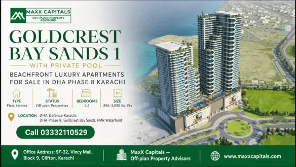 Elevated View Of Goldcrest Bay Sands 1 Beachfront Luxury Apartments With Private Pools And Sea Views In Dha Phase 8, Karachi.