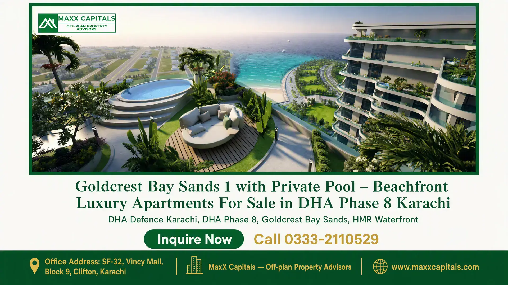Goldcrest Bay Sands 1 with Private Pool – Beachfront Luxury Apartments For Sale in DHA Phase 8 Karachi Luxury beachfront apartments at Goldcrest Bay Sands 1 in DHA Phase 8 Karachi, featuring private pool and panoramic ocean view