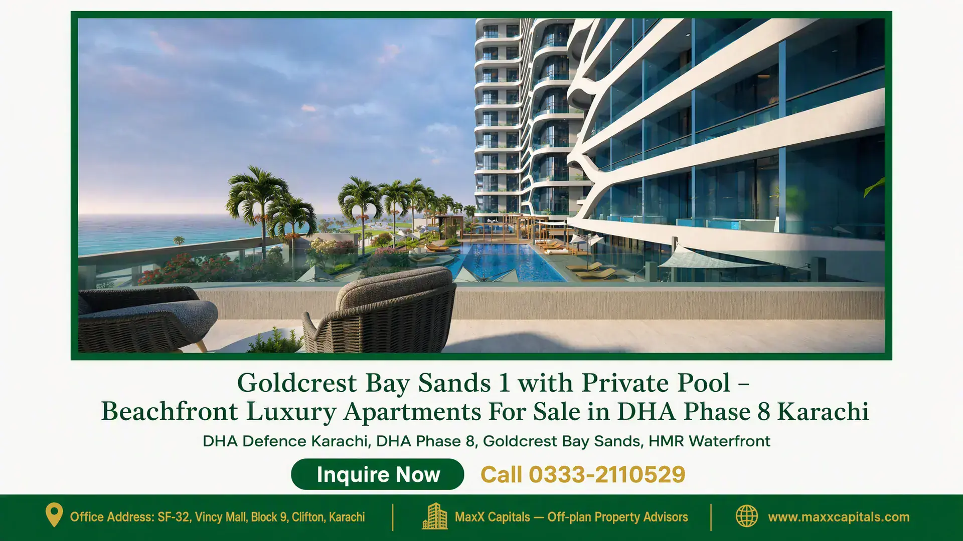 Goldcrest Bay Sands 1 with Private Pool – Beachfront Luxury Apartments For Sale in DHA Phase 8 Karachi Beachfront luxury apartment in Goldcrest Bay Sands 1, featuring modern architecture, a private pool, and lush landscaping in