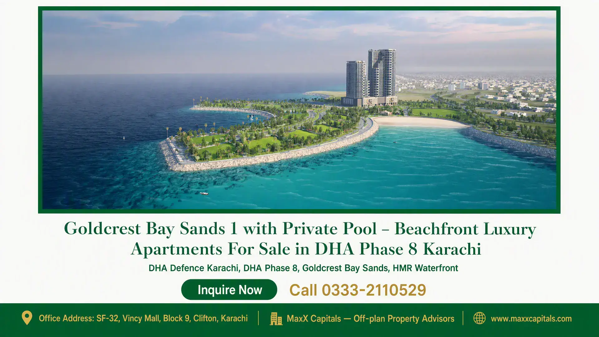 Goldcrest Bay Sands 1 with Private Pool – Beachfront Luxury Apartments For Sale in DHA Phase 8 Karachi Aerial view of Goldcrest Bay Sands 1 beachfront luxury apartments in DHA Phase 8 Karachi, surrounded by lush greenery and tur
