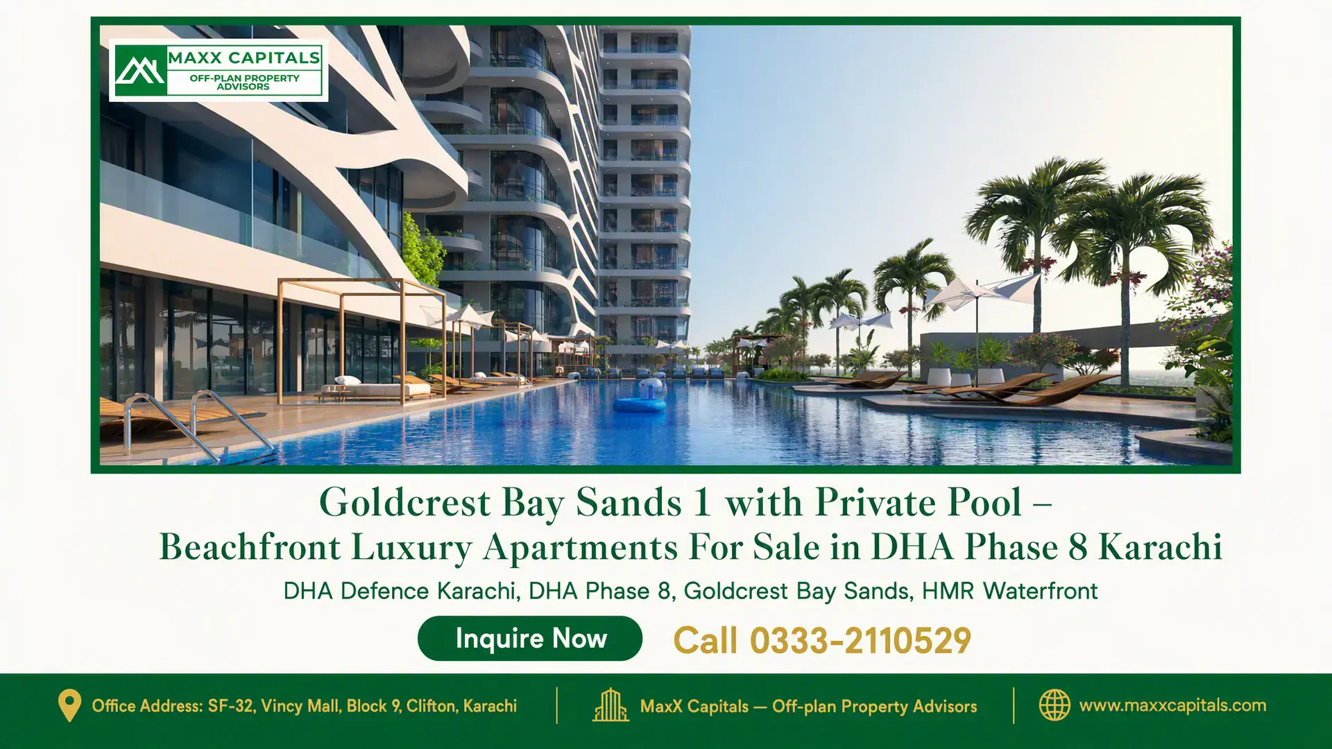 Goldcrest Bay Sands 1 with Private Pool – Beachfront Luxury Apartments For Sale in DHA Phase 8 Karachi Goldcrest Bay Sands 1 luxury apartments in DHA Phase 8 Karachi, featuring sleek architecture and a beachfront pool with palm