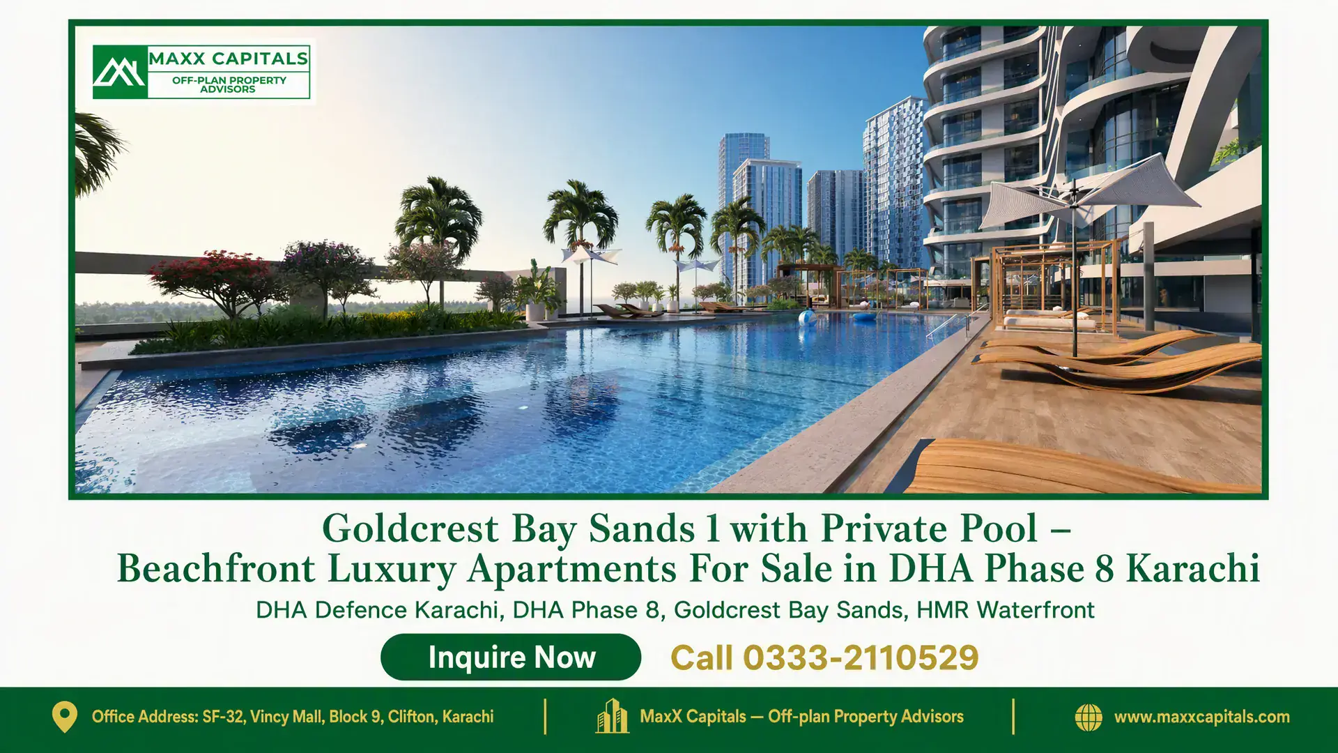 Goldcrest Bay Sands 1 with Private Pool – Beachfront Luxury Apartments For Sale in DHA Phase 8 Karachi Luxury beachfront apartments at Goldcrest Bay Sands 1 in DHA Phase 8 Karachi with an infinity pool, modern architecture, and