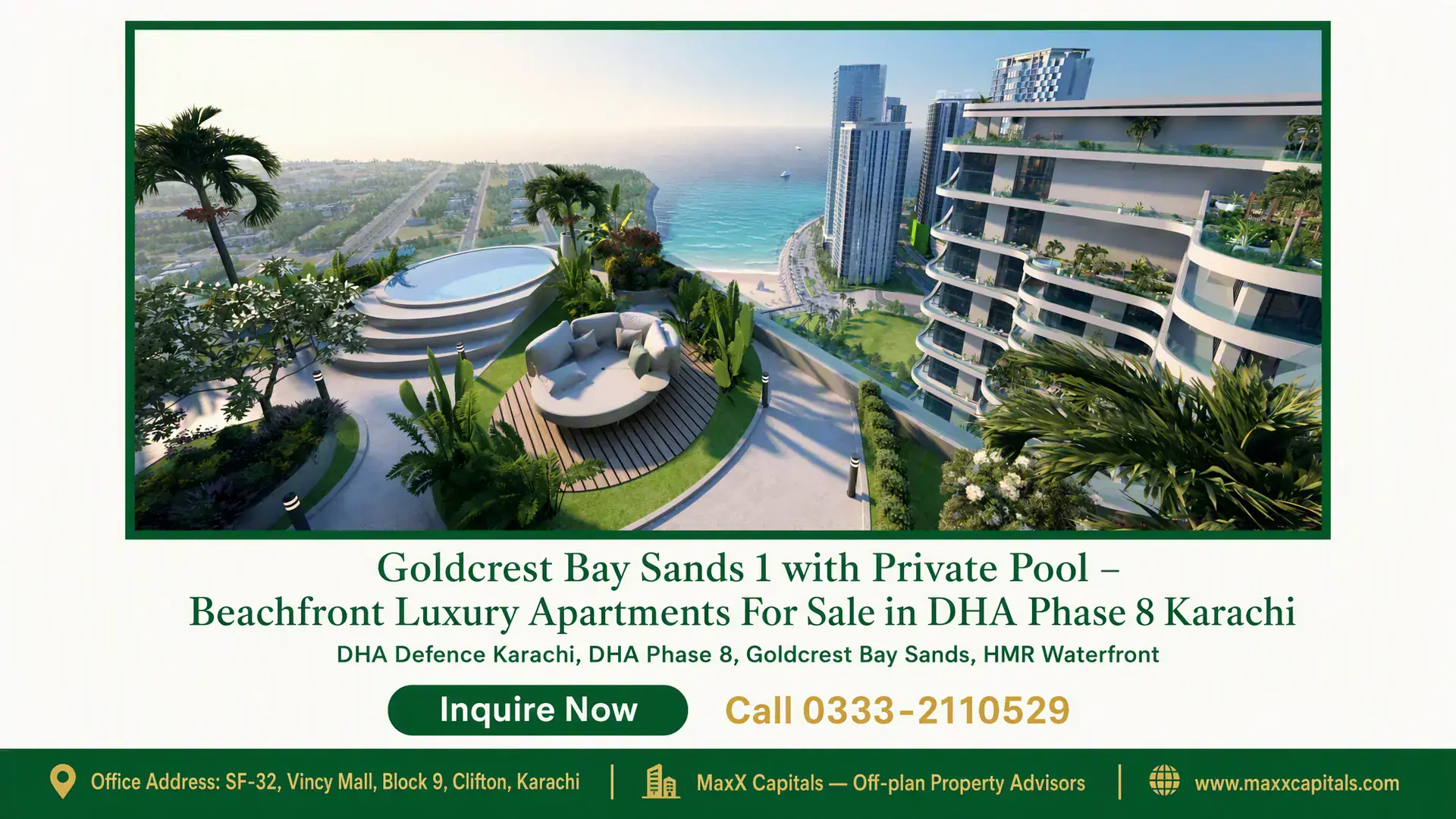 Goldcrest Bay Sands 1 with Private Pool – Beachfront Luxury Apartments For Sale in DHA Phase 8 Karachi Goldcrest Bay Sands 1 luxury beachfront apartments in DHA Phase 8 Karachi with private pool, gardens, and modern architecture