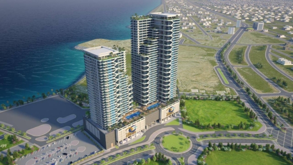 Aerial View Of Goldcrest Bay Sands 1 Beachfront Towers In Dha Phase 8 Karachi With Private Pools, Modern Architecture, And Se