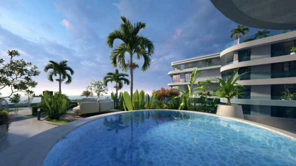 Private Plunge Pool On 1-Bedroom Apartment Terrace At Goldcrest Bay Sands, Dha Phase 8, Karachi, With Palm Trees, Loungers An