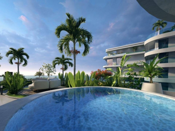 Private Plunge Pool On 1-Bedroom Apartment Terrace At Goldcrest Bay Sands, Dha Phase 8, Karachi, With Palm Trees, Loungers An
