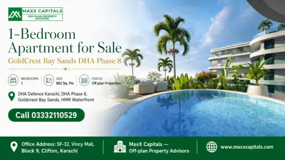 Luxurious Off-Plan One-Bedroom Apartment At Goldcrest Bay Sands, Overlooking A Pristine Pool With Lush Greenery And Modern Ar