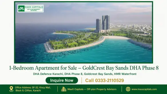 Aerial view of GoldCrest Bay Sands DHA Phase 8 with modern high-rises, lush green spaces, and waterfront coastline.