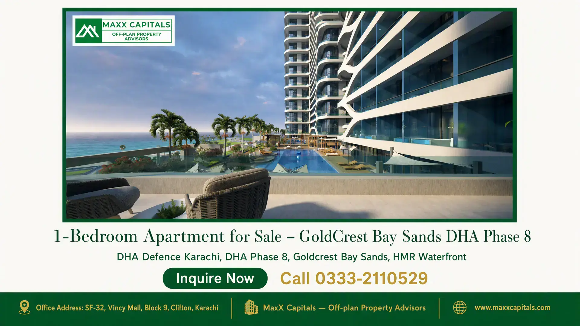 1-Bedroom Apartment for Sale – GoldCrest Bay Sands DHA Phase 8 Luxury 1-bedroom apartment with a spacious terrace, modern architecture, infinity pool, and stunning waterfront views at Gold