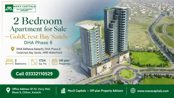 Goldcrest Bay Sands Luxury Apartments, High-Rise Buildings With Balconies Overlooking The Waterfront And Green Spaces In Dha