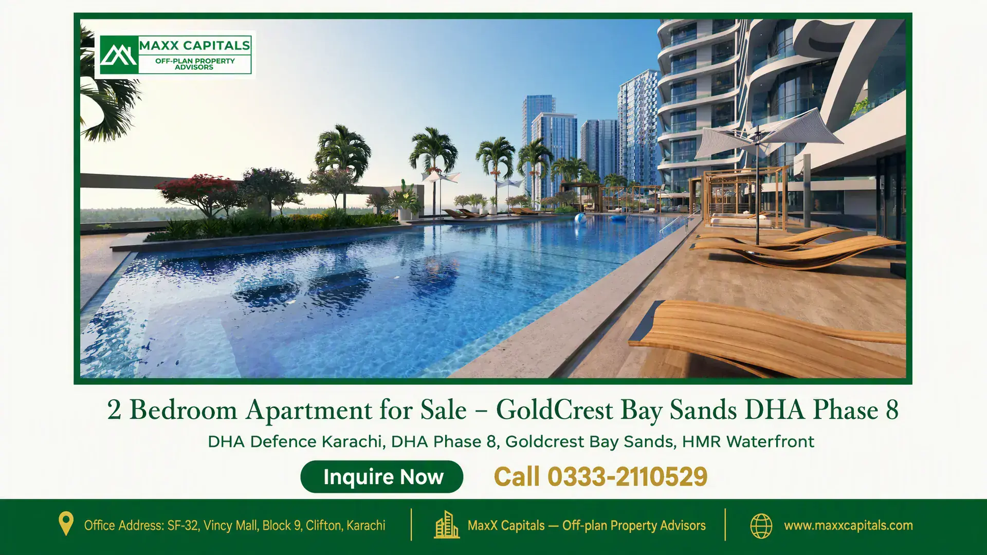 2 Bedroom Apartment for Sale – GoldCrest Bay Sands DHA Phase 8 Luxury apartment complex with a modern pool, wooden sun loungers, and waterfront views at GoldCrest Bay Sands.