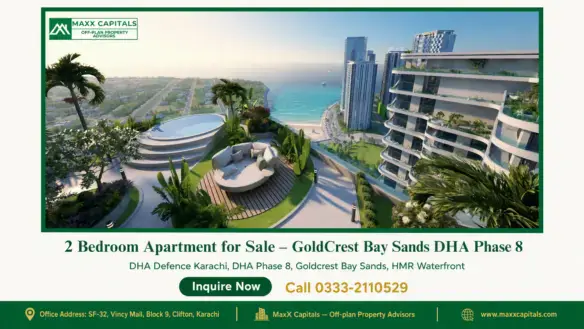 Luxurious rooftop garden with pool, modern apartments, and panoramic ocean views in GoldCrest Bay Sands DHA Phase 8.