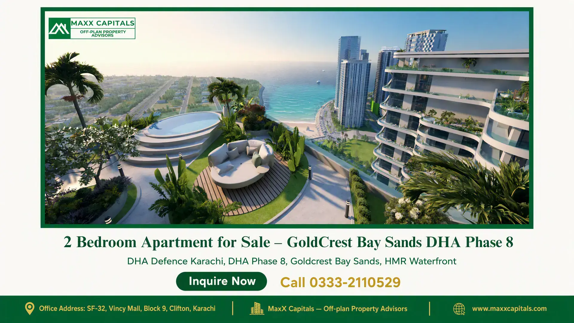 2 Bedroom Apartment for Sale – GoldCrest Bay Sands DHA Phase 8 Luxurious rooftop garden with pool, modern apartments, and panoramic ocean views in GoldCrest Bay Sands DHA Phase 8.