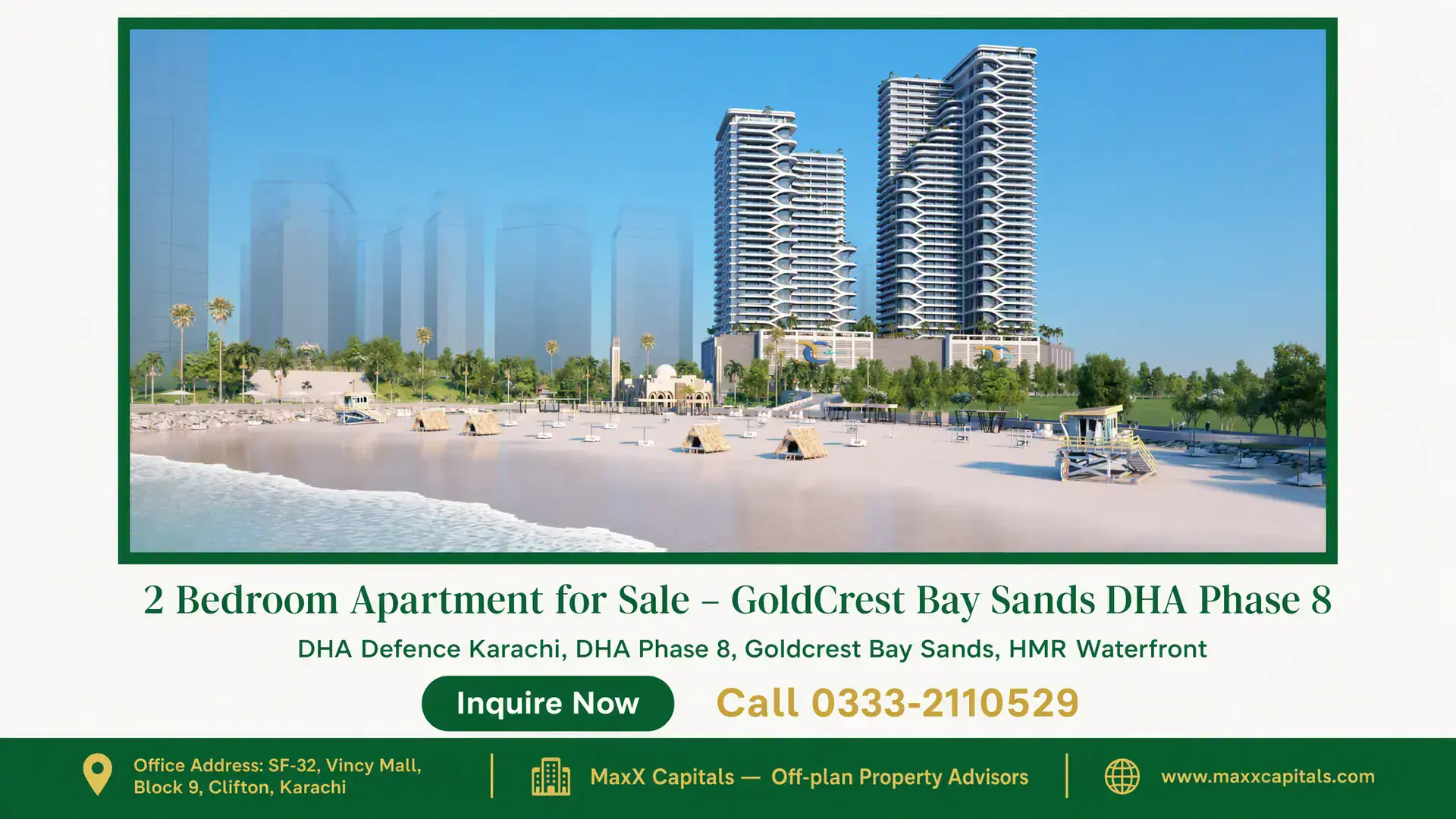 2 Bedroom Apartment for Sale – GoldCrest Bay Sands DHA Phase 8 Luxury beachfront high-rise apartments with modern facades and tropical landscaping in DHA Phase 8, Karachi.