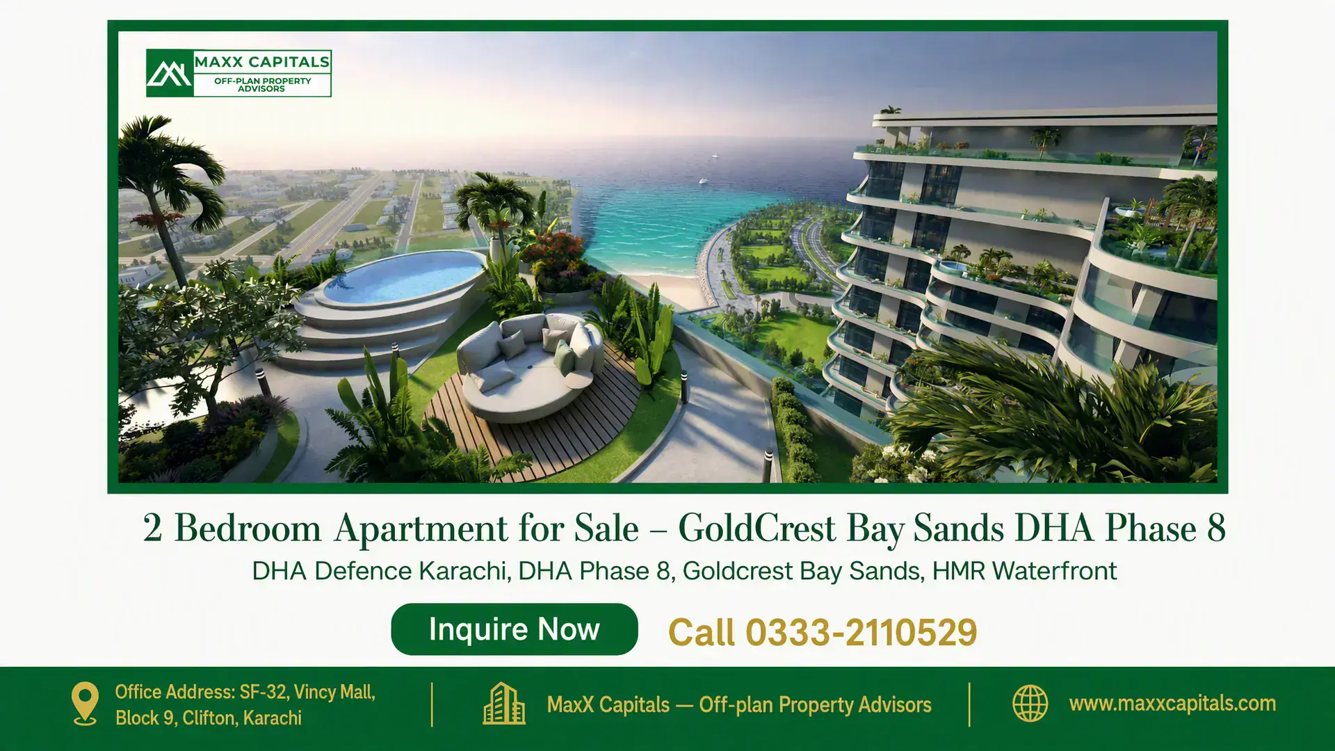 2 Bedroom Apartment for Sale – GoldCrest Bay Sands DHA Phase 8 Luxury beachfront apartment with private terrace, infinity pool, and panoramic sea views in DHA Phase 8.