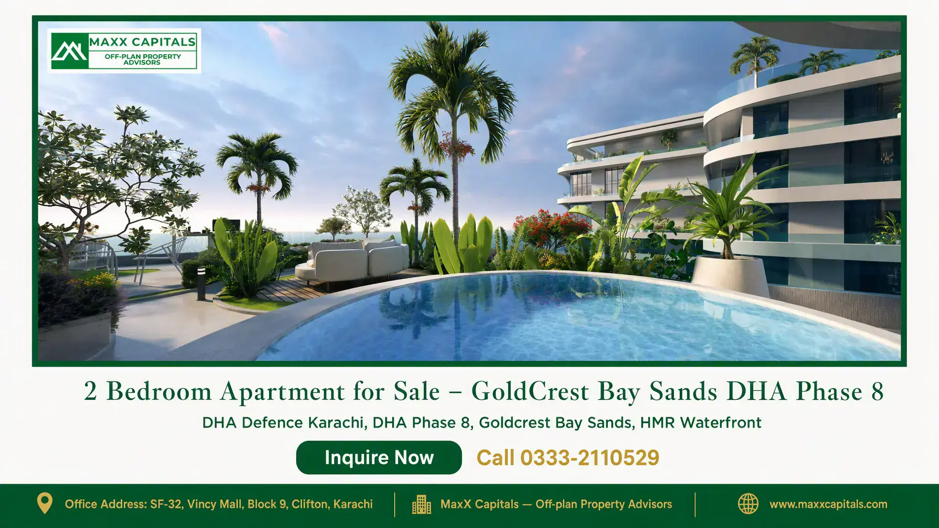 2 Bedroom Apartment for Sale – GoldCrest Bay Sands DHA Phase 8 Luxury apartment terrace with a pool, tropical greenery, and modern architecture in DHA Phase 8.