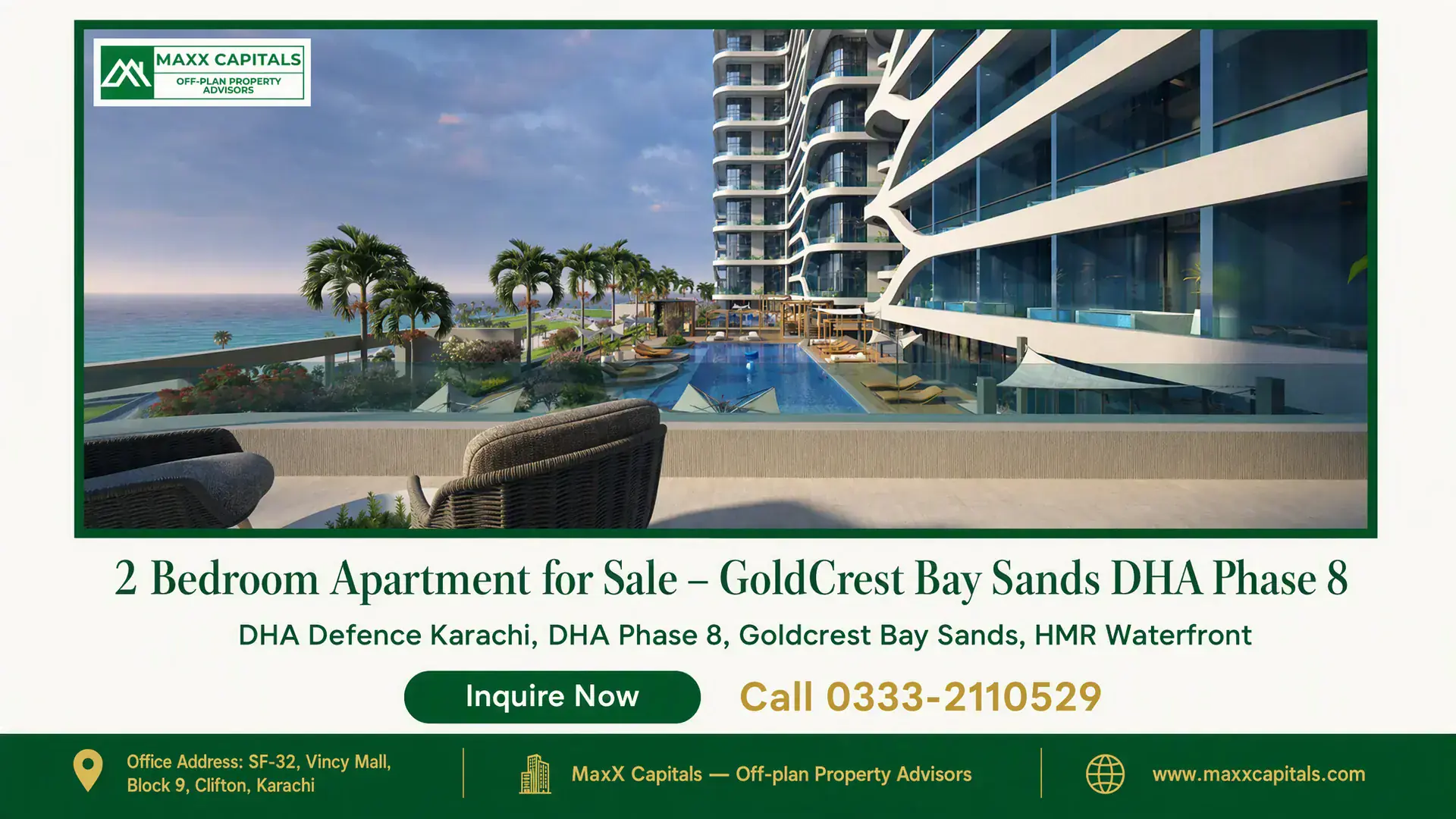 2 Bedroom Apartment for Sale – GoldCrest Bay Sands DHA Phase 8 Luxurious 2 bedroom apartment with sea view, private terrace, poolside seating, and modern architecture at GoldCrest Bay Sand